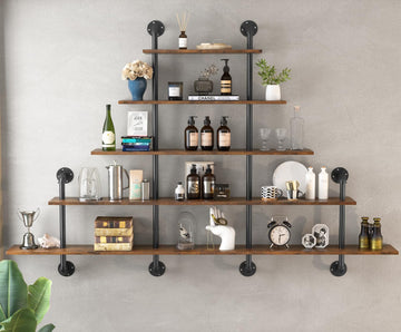 70" Industrial Pipe Shelving - 5 tier Rustic Solid Wood and Heavy Duty Metal Pipe Shelves for Wall, Kitchen Shelves