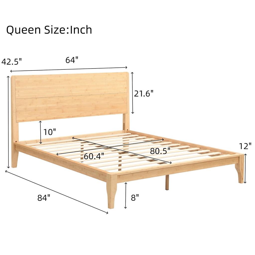 Queen Size Bamboo Platform Bed Frame with Tall Headboard, Natural