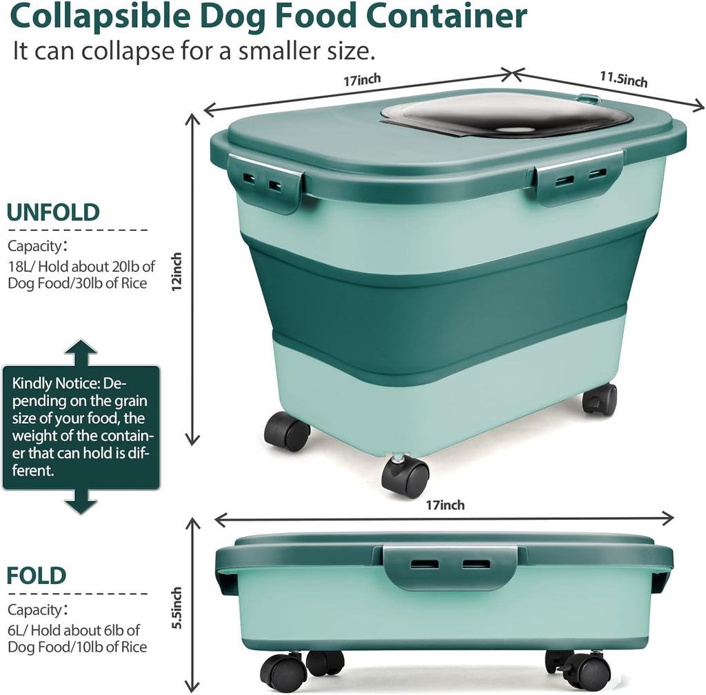 Dog Food Storage Container, 10-20Lbs Collapsible Pet Food Storage Containers with Rolling Wheel Airtight Locking Lid