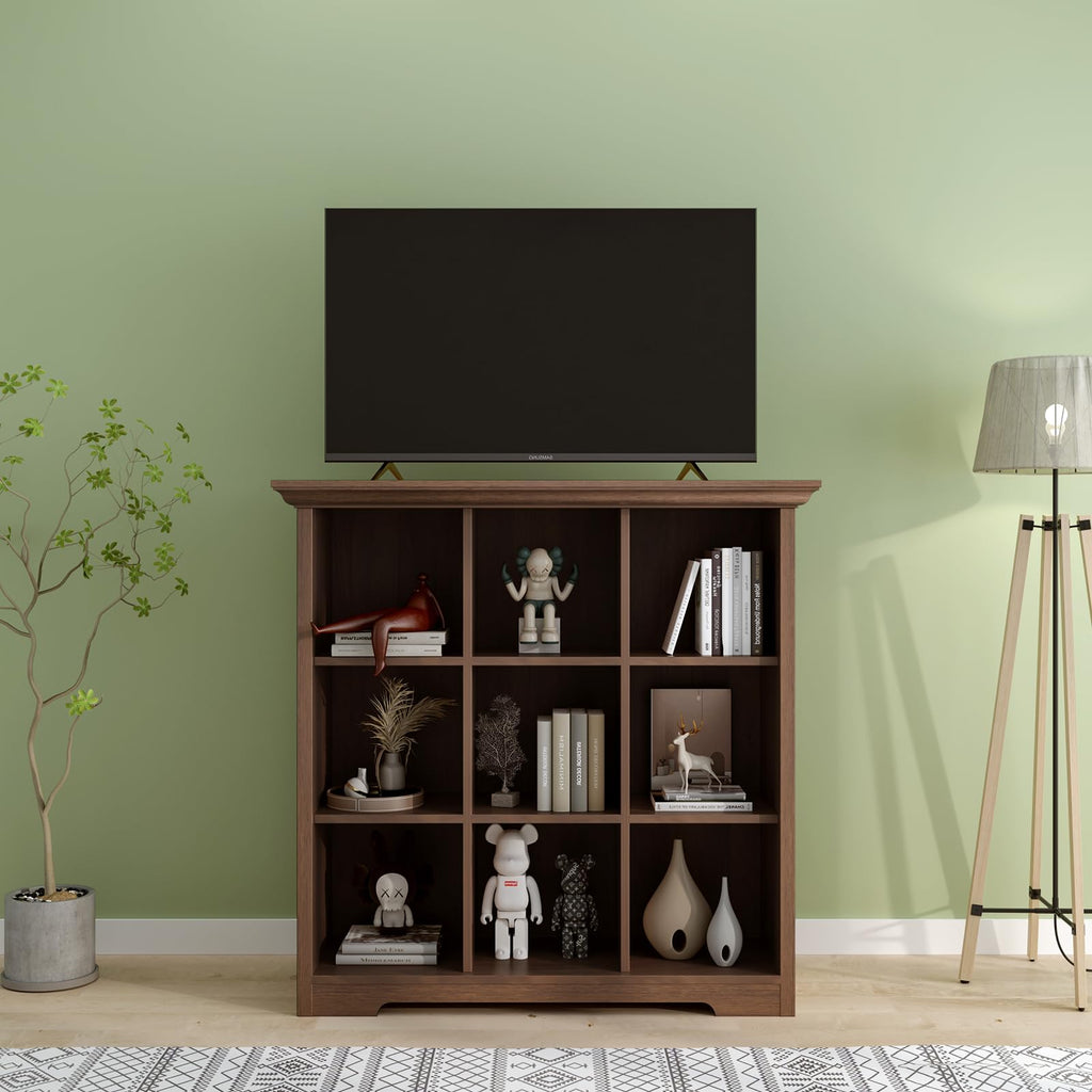 9-Cube Open Bookcase with Base, 3-Tier Wooden Bookshelf, Walnut