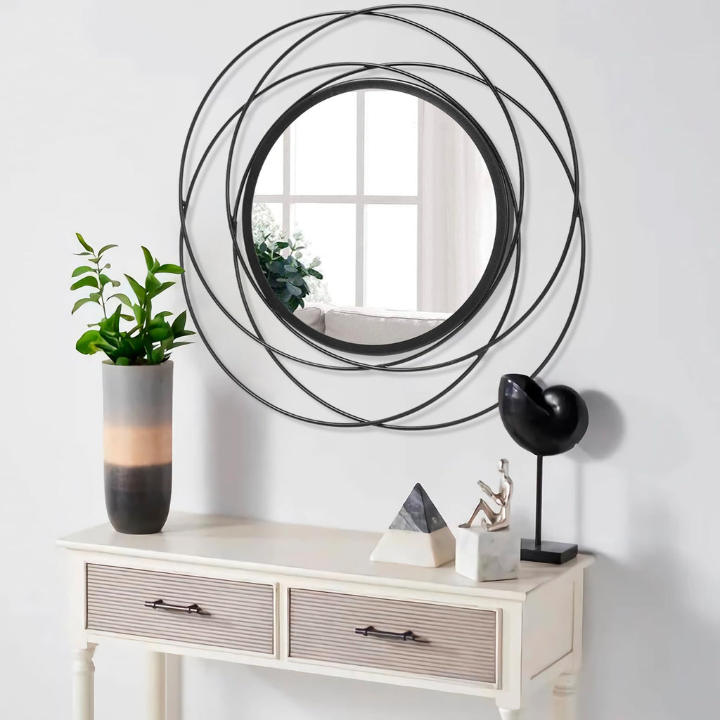 Round Black Mirror 24" Wall Decor, Black Accent Framed Circle Bathroom Mirror, Decorative Vanity Mirror, Circular
