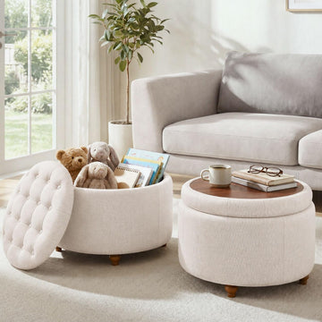 25" Round Ottoman with Storage, Small Coffee Table with Reversible Tray Lid