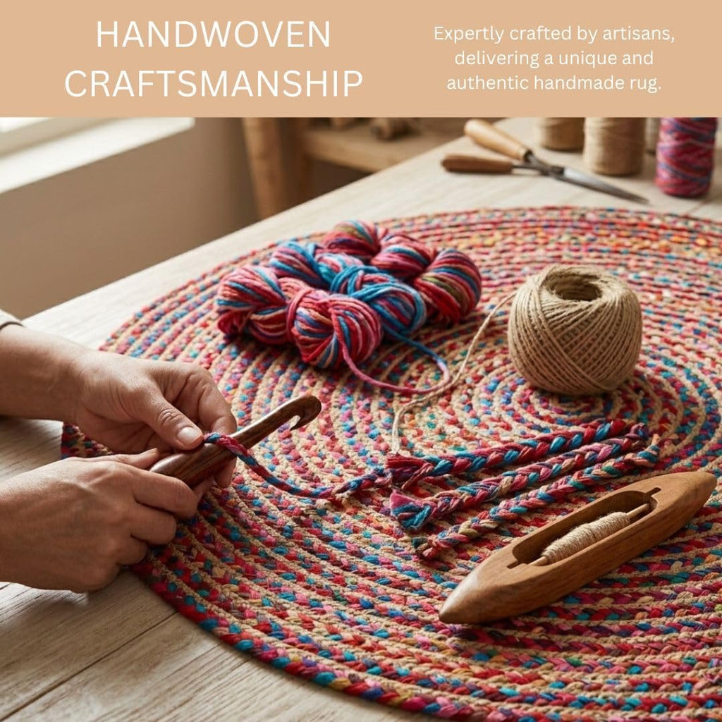 WeWove Hand Woven Area Rug 6 Feet Round - Jute Cotton Area Rug Rustic Farmhouse Boho Accent Rug