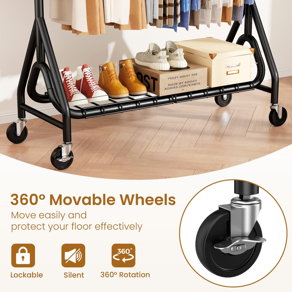 Double Rods Clothing Rack, Heavy Duty Clothes Rack for Hanging Clothes Load 560LBS, Metal Rolling Garment Racks with