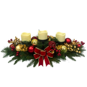 Christmas Candle Holder Centerpiece with Red Gold Ornaments and Bow