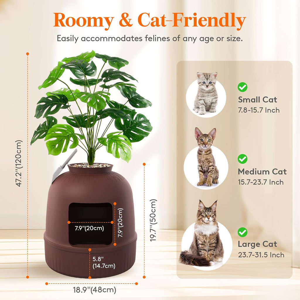 Hidden Plant Cat Litter Box with Plastic Scoop, Brown