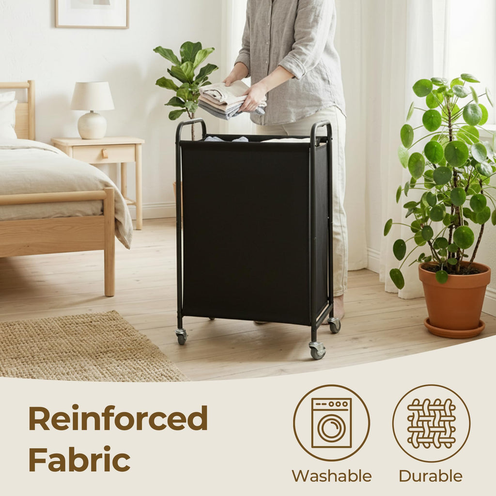 Laundry Hamper, Slim Basket with Wheels and Handles, Black, 80L
