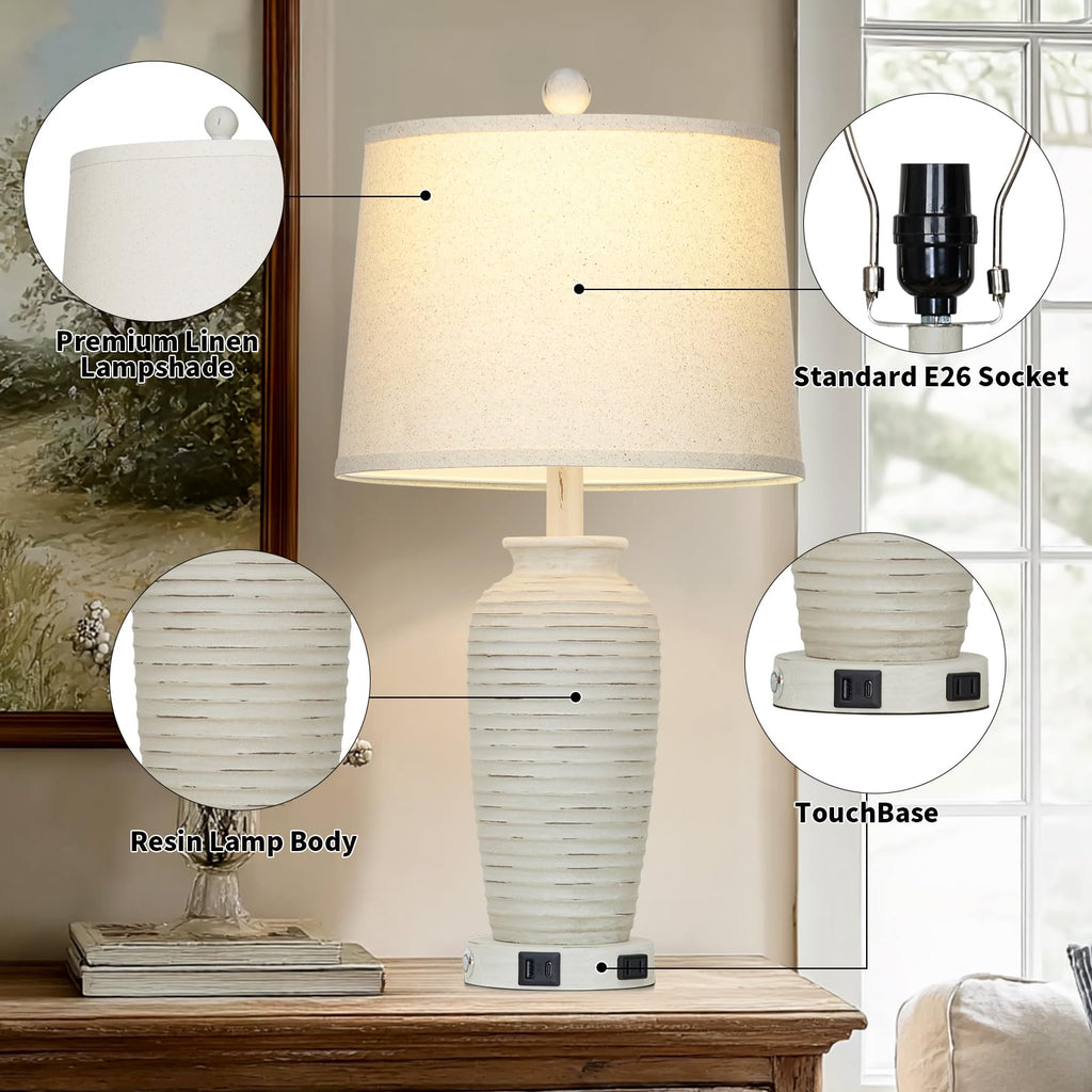 25" Retro White Farmhouse Jar Table Lamps Set of 2, 3 Way Touch Control Rustic Bedside Lamps with USB A+C Ports & AC