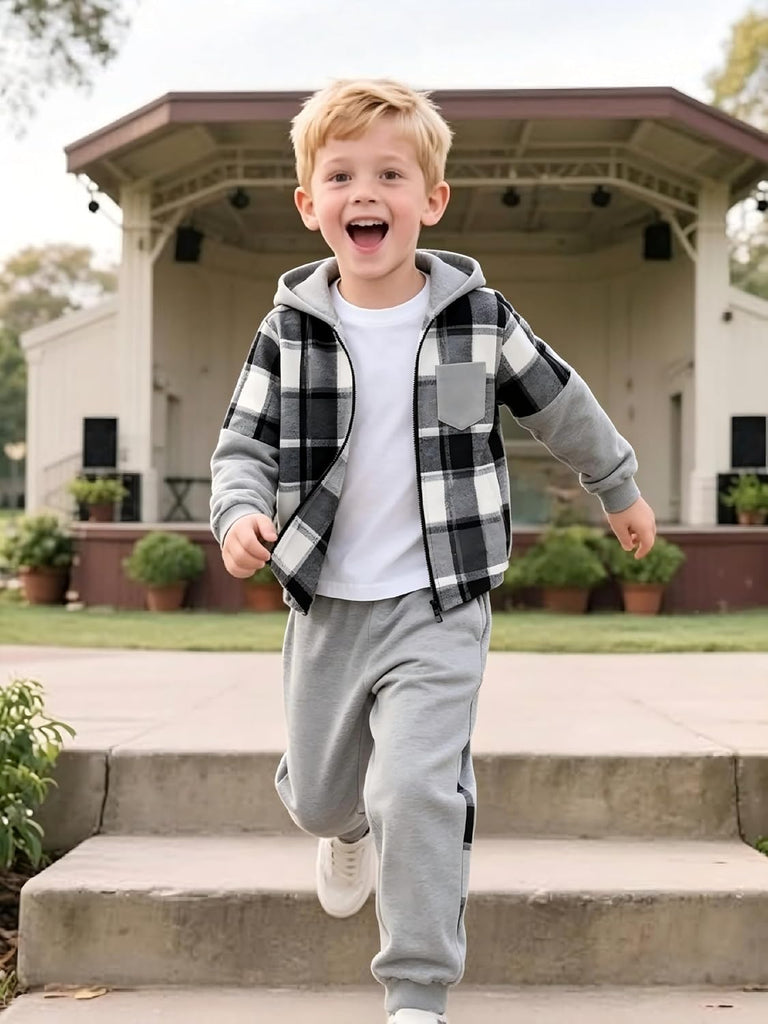 Boys 2‐Piece Sweatsuit Set, Zip‐Up Plaid Patchwork Hoodie Sweatshirt & Pants, Kids Fall Winter Outfits for 7‐