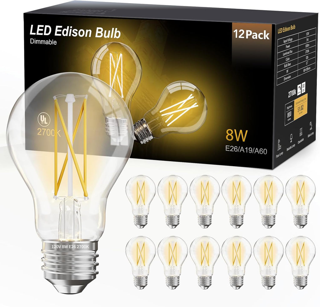 12 Pack A19 Vintage LED Edison Bulbs, 60W Equivalent, Dimmable, High Brightness 2700K Warm White, 800 Lumens, 8W E26