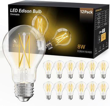 12 Pack A19 Vintage LED Edison Bulbs, 60W Equivalent, Dimmable, High Brightness 2700K Warm White, 800 Lumens, 8W E26