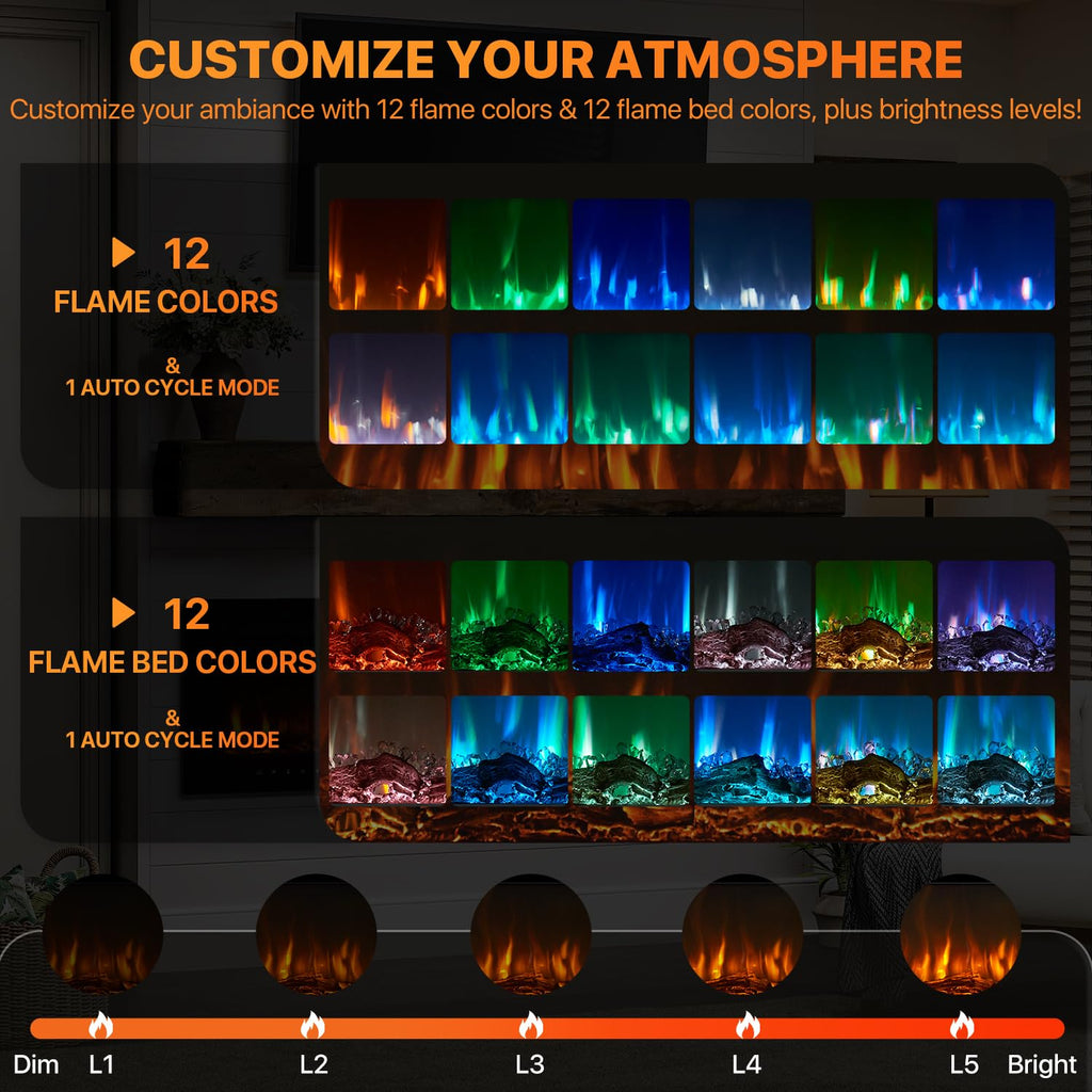 60" Smart Electric Fireplace Heater, Wide Recessed/Wall Mounted Electric Fireplace, Remote Control with Timer, 12