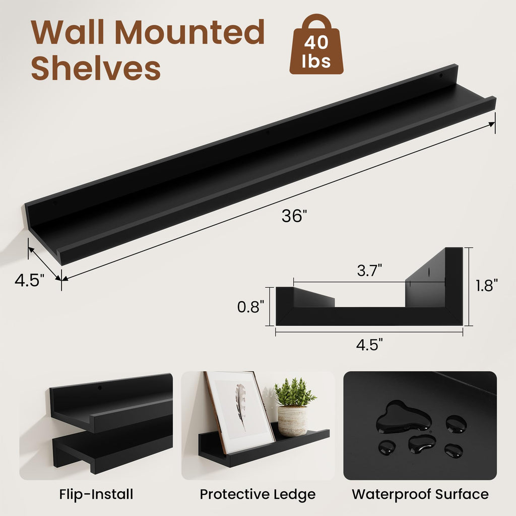 Picture Ledge Shelf, 36 inch Long Floating Shelves for Wall Set of 2, Black Picture Shelf with Lip for Wall