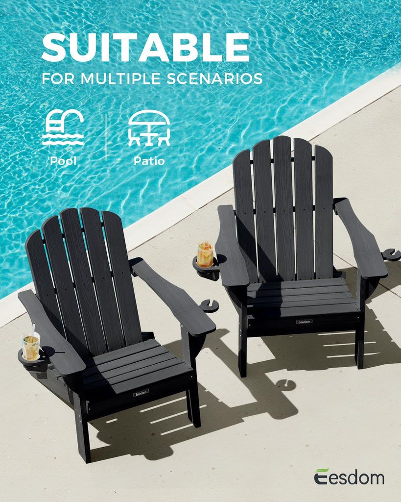 Folding Adirondack Chair, All-Weather HDPE Plastic Patio Chair with 2 Cup Holders, Wooden Textured Lawn Chair