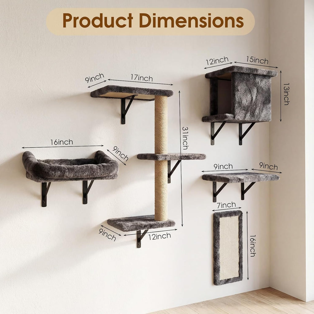 5-in-1 Cat Wall Shelves for Large Cats, Floating Climber with Scratcher