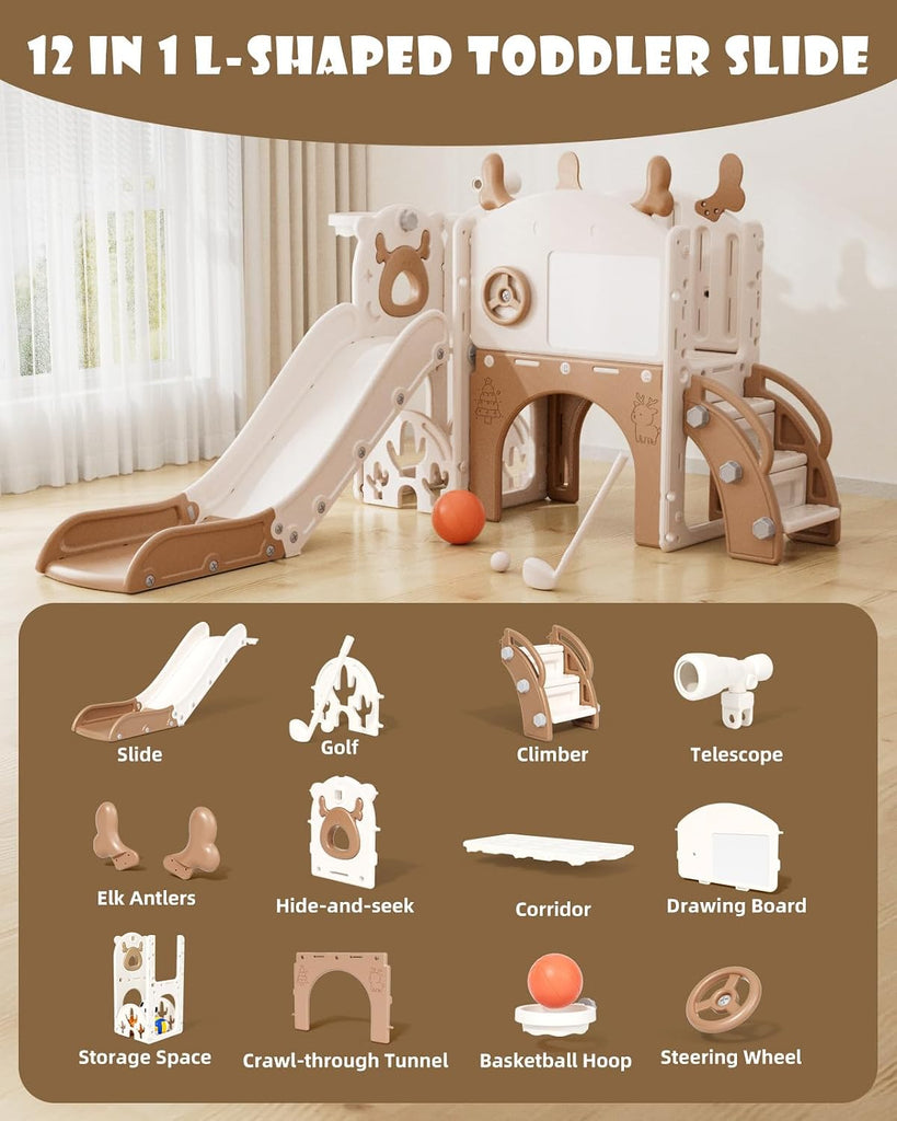 Toddler Slide,12 in 1 Kids Slide for Toddlers 1-3 (Brown)