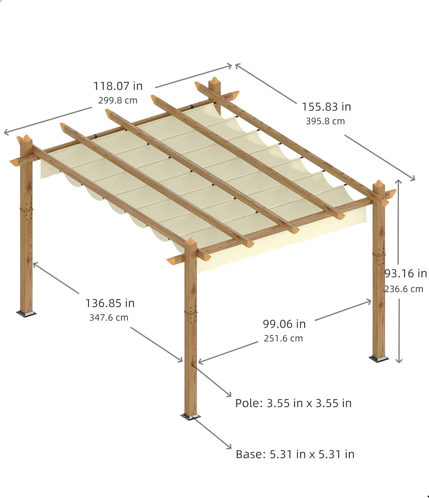 10 x 13 ft Wood-Grain Aluminum Pergola Outdoor Pergola with Retractable Canopy Sun Shade Shelter for Garden