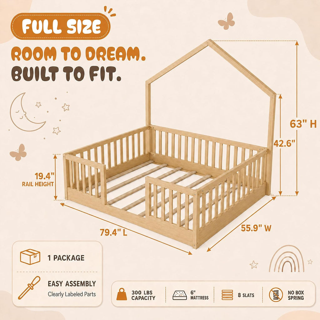 Montessori Floor Bed with High Rails, Wood House Beds Frame with LED Light, Low Profile Montessori Bed