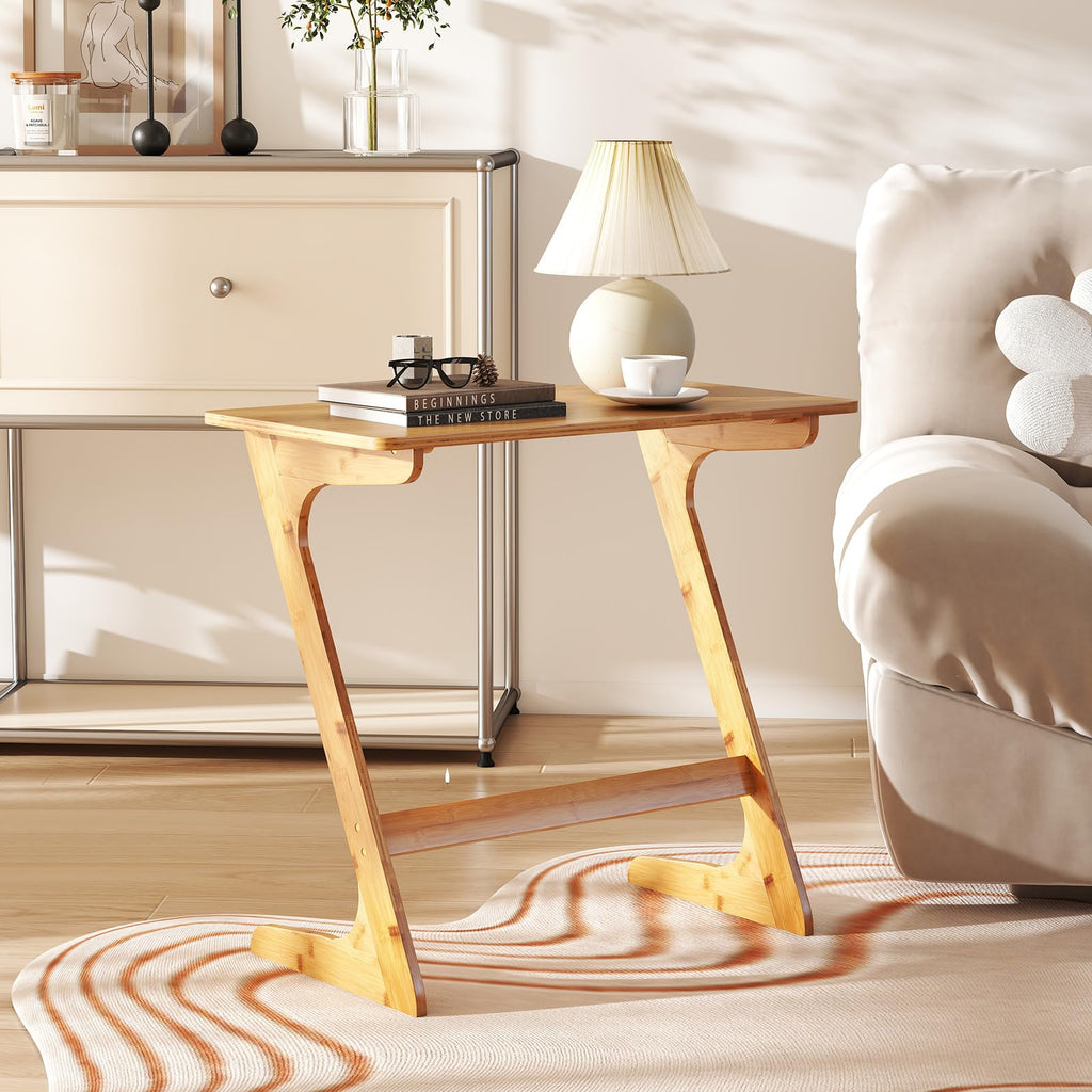 Bamboo TV Tray Sofa Side Table, Z-Shaped Couch Table with 30" x 16" Tabletop, Space-Saving Snack Laptop Desk, Quick