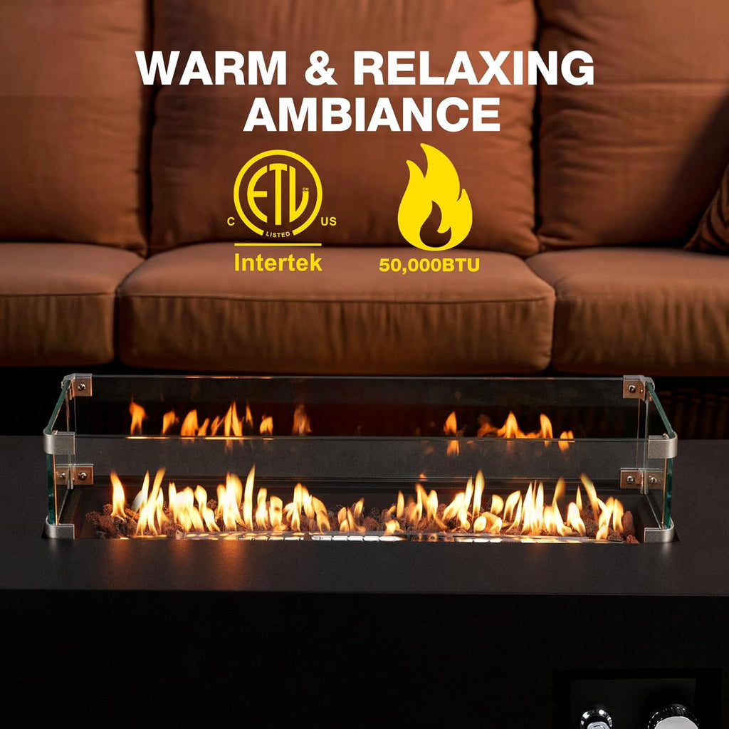 42'' Outdoor Propane Fire Pit Table, 50,000 BTU Rectanle Natural Gas Fire Pits with Tank Cover Wind Guard