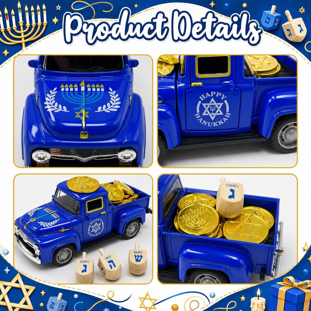 Hanukkah Truck Decor with 3 Wooden Dreidels and Gold Gelt Coins, 5.7-Inch