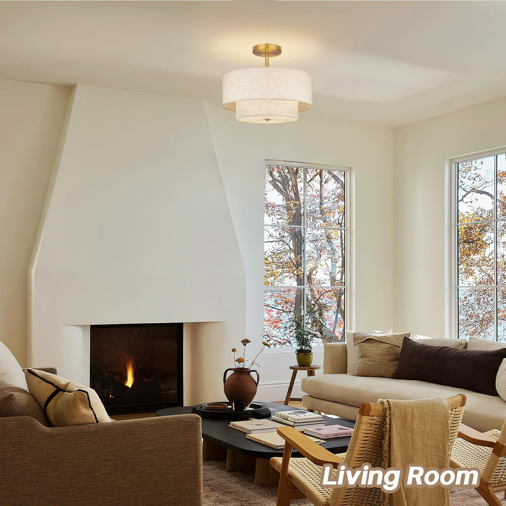18 Inch Large Semi Flush Mount Ceiling Light Fixture with Dual Drum Design, Gold Farmhouse Fabric Linen Shade, and