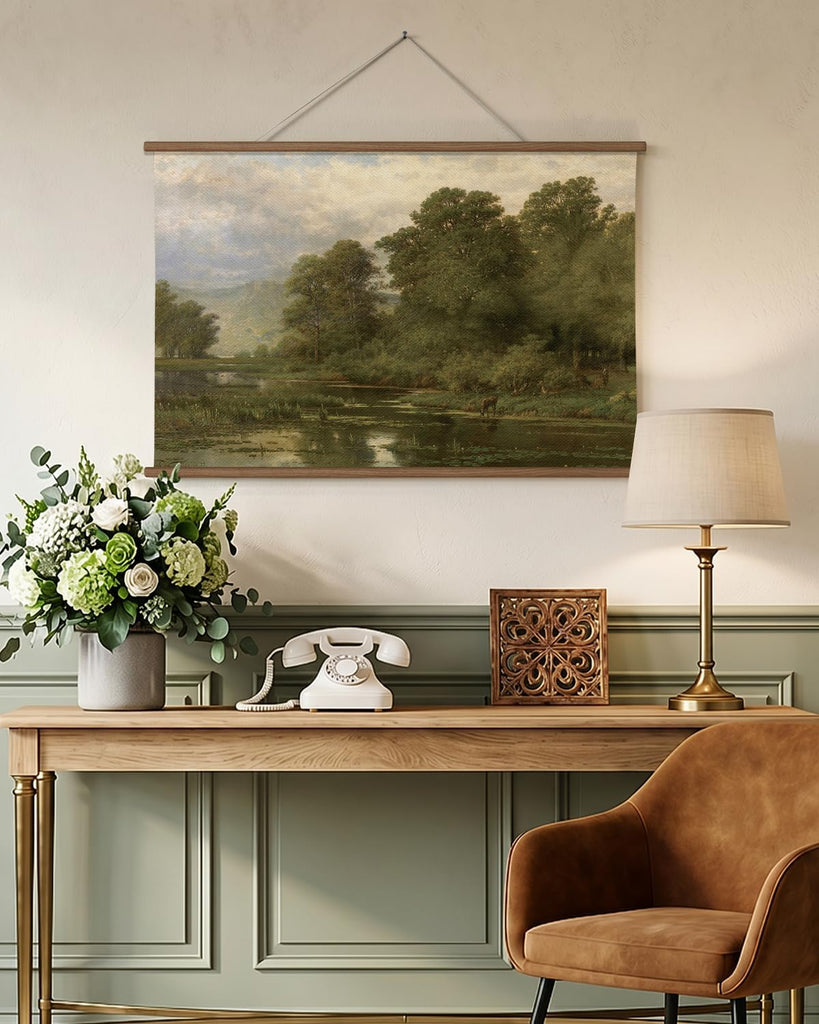 Large Landscape Canvas Wall Art , Vintage Forest Lake Painting Hanging Scroll, Rustic Nature Wall Decor with