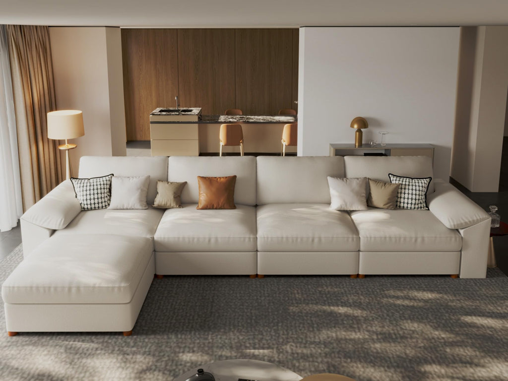 Leather Sectional Couch, L Shaped Deep Seat Modern Sofa, Beige