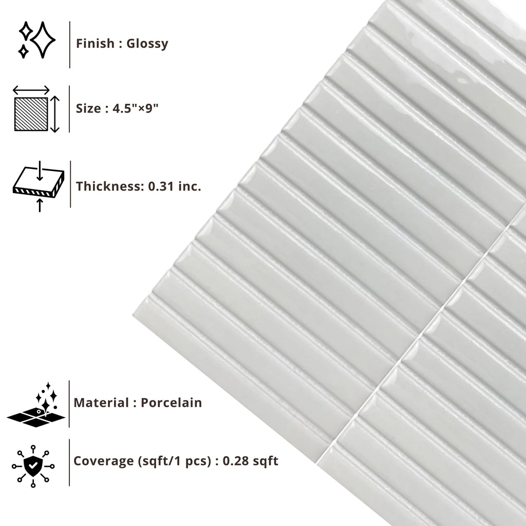 Scandia Glossy White 4.5x9 Ribbed Porcelain Wall Tile, 3D KitKat Fluted Decorative Tile Backsplash, Bathroom, Shower