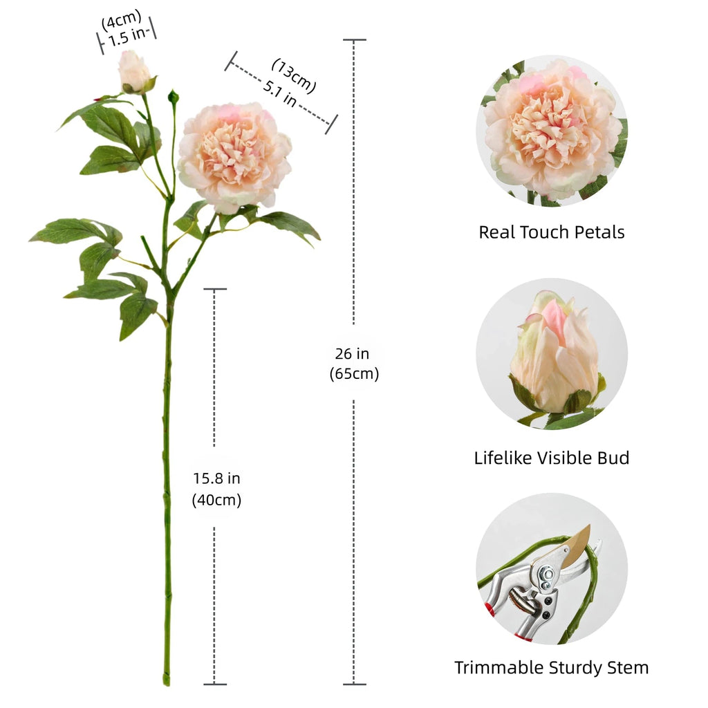 3Pcs Real Touch Artificial Peonies, Champagne Pink Faux Silk Flowers