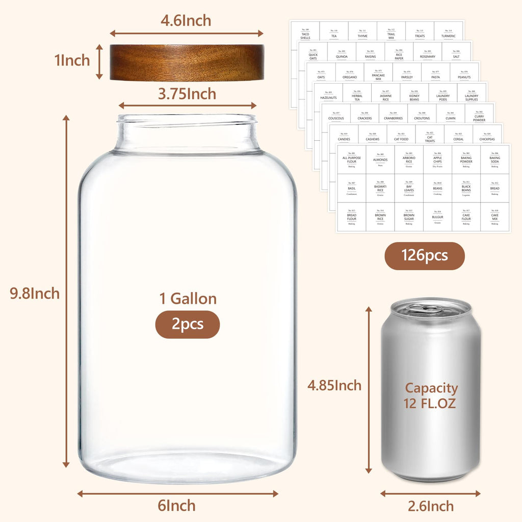 1 Gallon Glass Jars w/Acacia Lids for Flour & Rice Containers 2Pcs