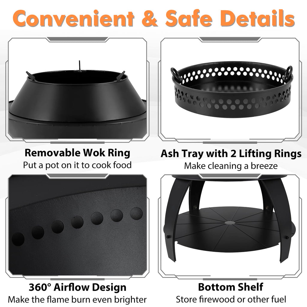 3-in-1 Outdoor Fire Pit, 20" Wood Burning Fire Pits with Removable Wok Ring, Ash Pan & Storage Shelf, Oxygen-Enriched