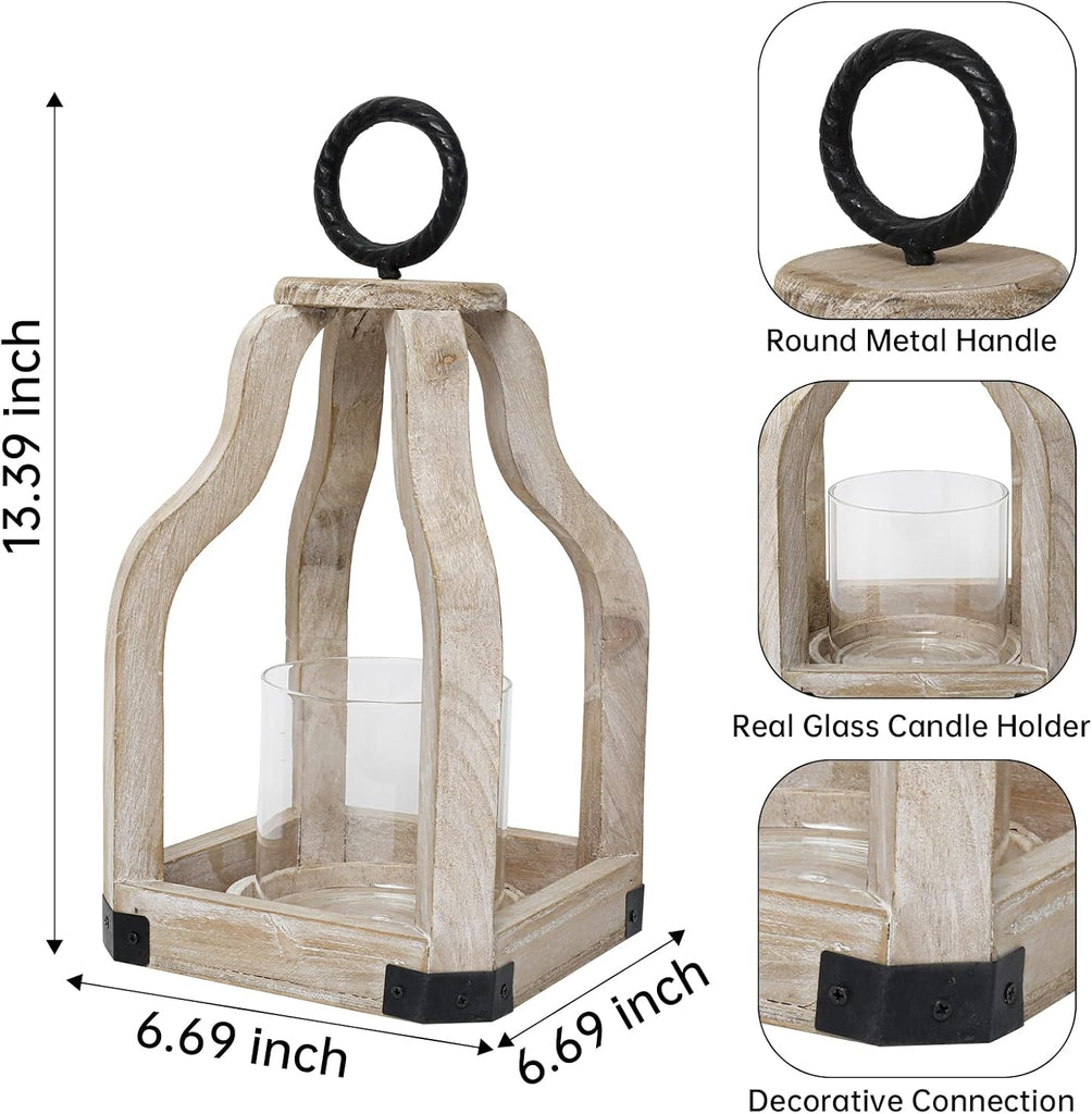 13" Rustic Farmhouse Wood Candle Hurricane Lantern with Glass Candlestick Holder for Patio, Table Centerpiece, White