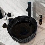 Black Crystal Vessel Sink with Faucet and Drain Set 16 Inch Round Tempered Glass Basin Bowl Diamond Shaped Bathroom