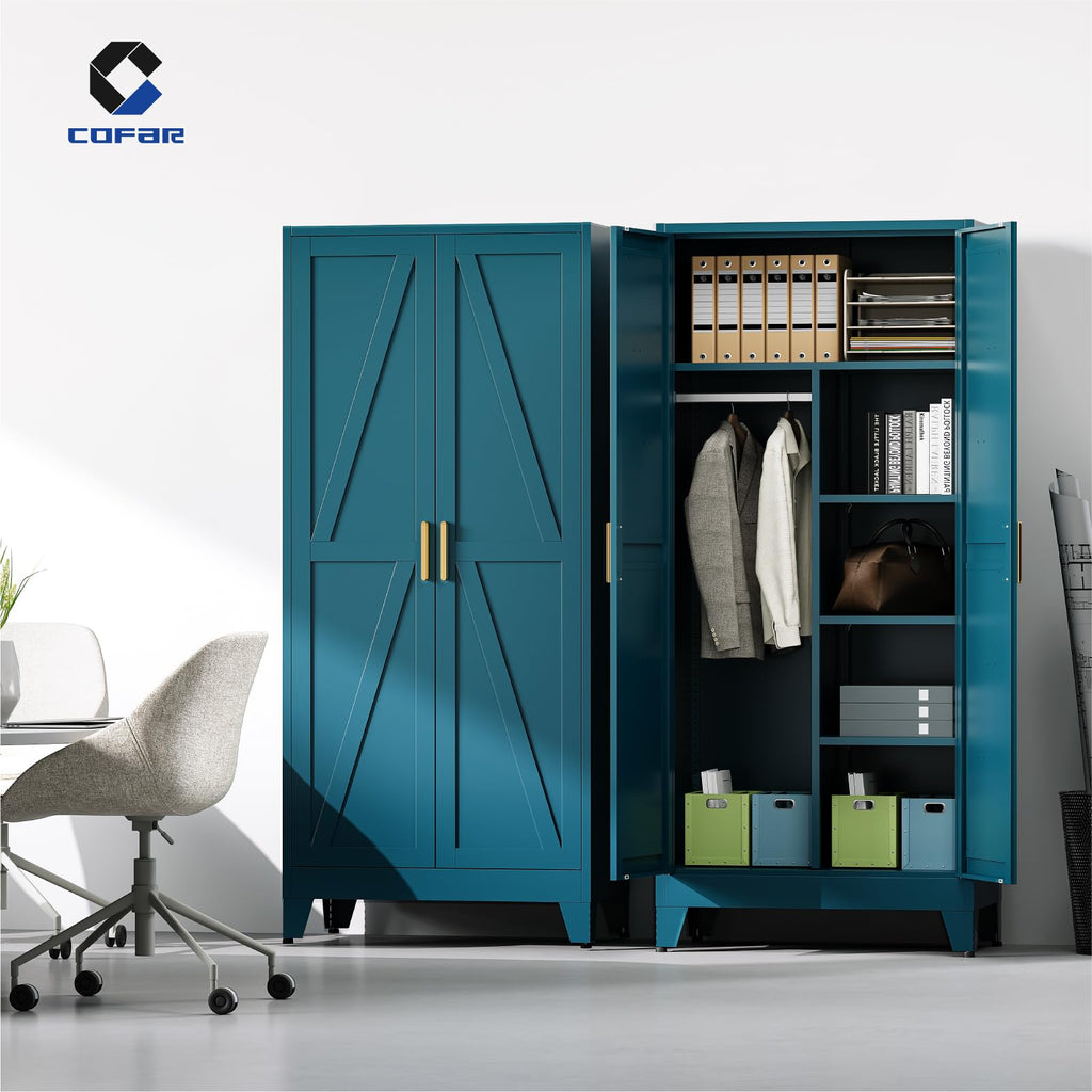 71'' Tall Wardrobe Closet with Doors, Metal Bedroom Armoire with Adjustable Hanging Rod and Shelves, Farmhouse Broom