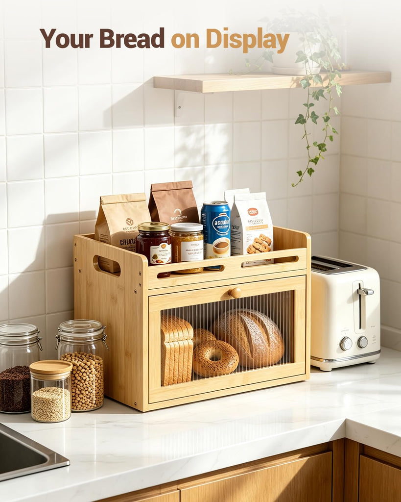 Bread Box - Countertop, Bamboo Storage Container with Top Shelf