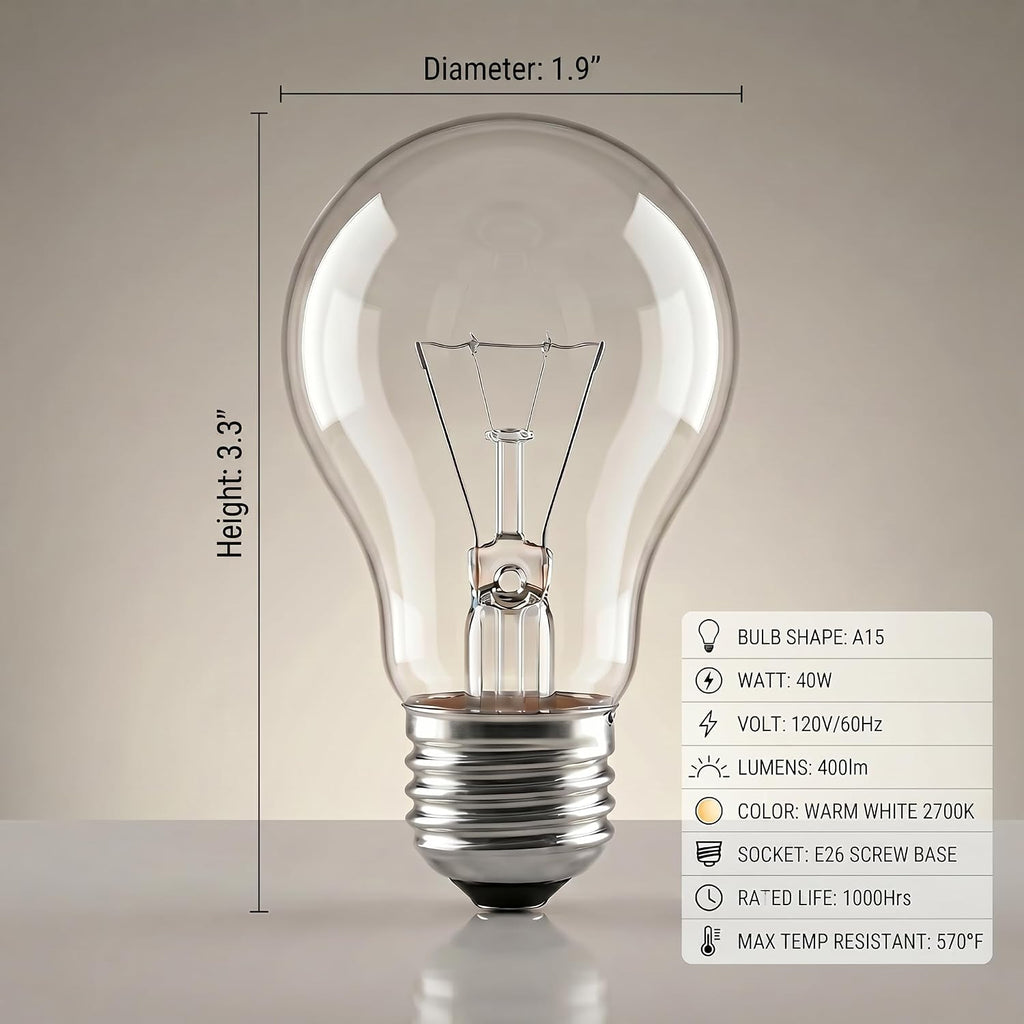 A15 Oven Light Bulb 8 Pack, Appliance Bulb 40W 120V E26, Warm White