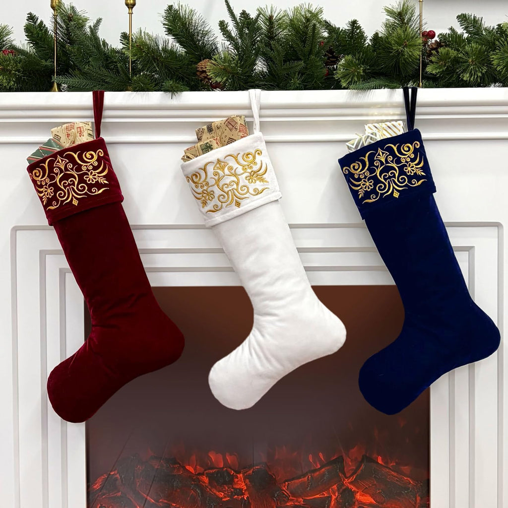 Set of 3 Velvet Christmas Stockings with Gold Damask Embroidery and Microfiber Lining, Oversized 24-Inch Cuff-to-Toe