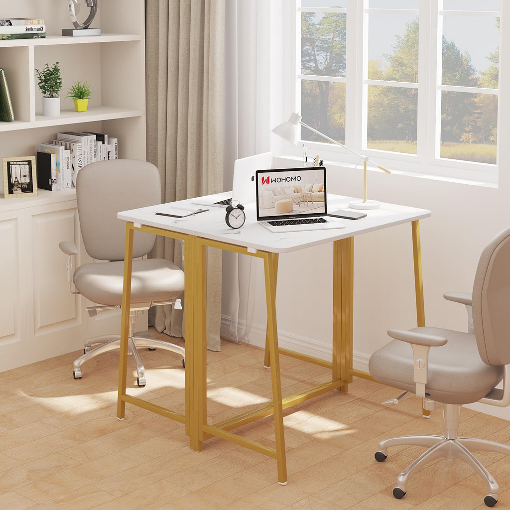 Folding Desk, 39.4" Foldable Computer Table for Small Spaces, Gold