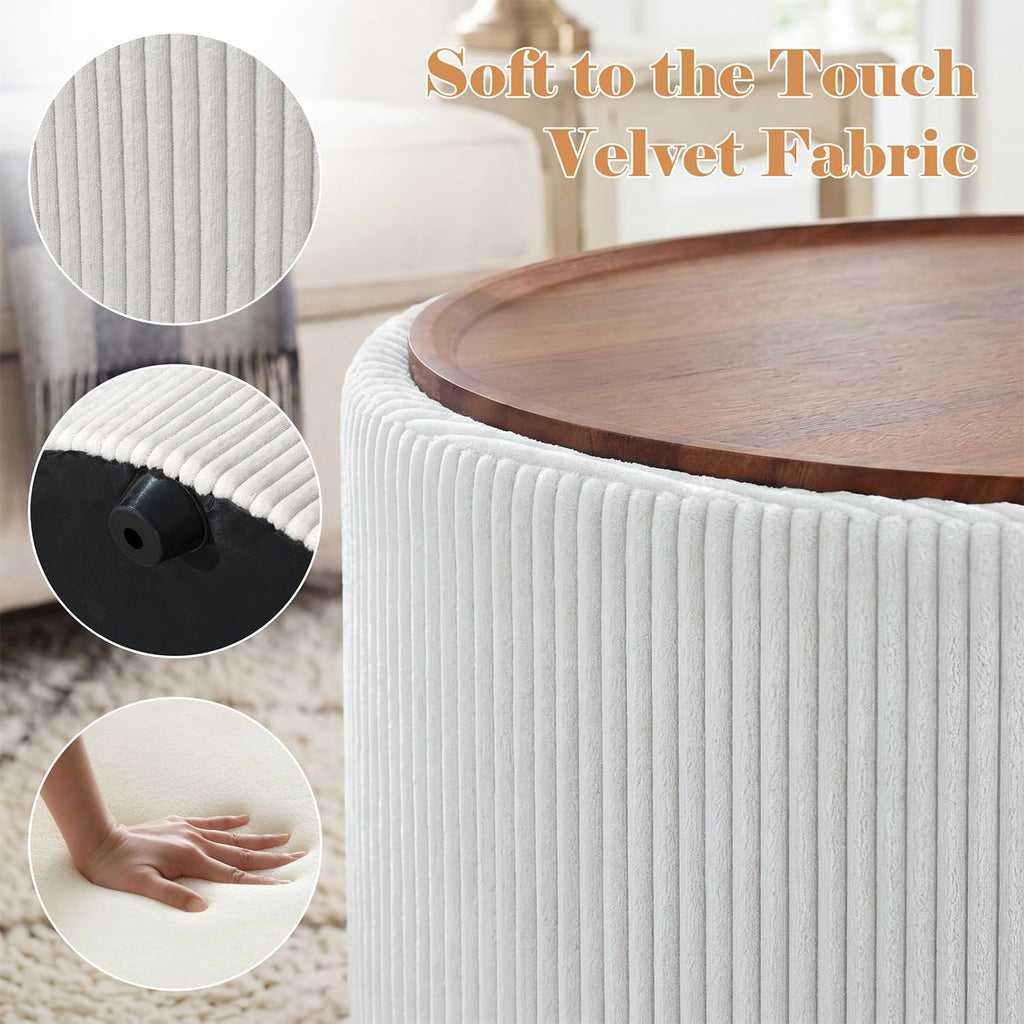 28" Round Storage Ottoman, Ottoman Coffee Table with Tray, Corduroy | Modern Ottomans with Storage with Anti-Slip