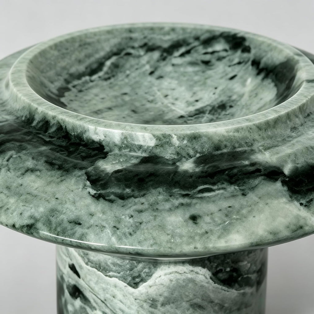 Green Natural Marble Mushroom Pedestal Tray 6.69" x 6.69" x 3.94", Decorative Footed Stone Bowl, Catchall Tray for