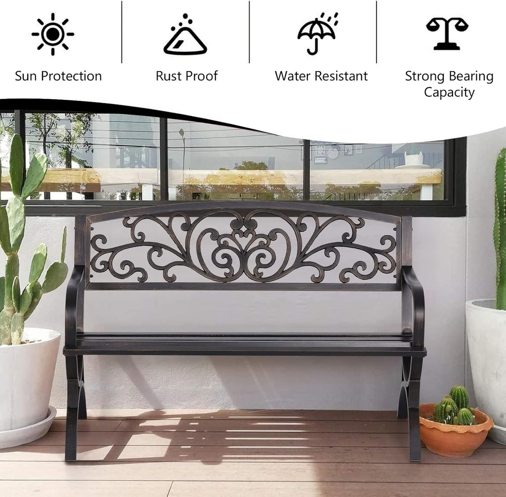 Metal Outdoor Bench Classic Floral Pattern, 50" Bronze | Cast Iron Metal Garden Benches for Outdoors, Front Porch