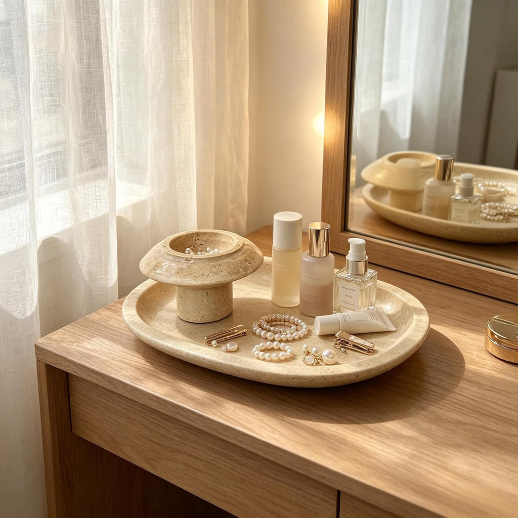 Yellow Travertine Natural Marble Mushroom Pedestal Tray 6.69" x 6.69" x 3.94", Footed Decorative Catchall Bowl
