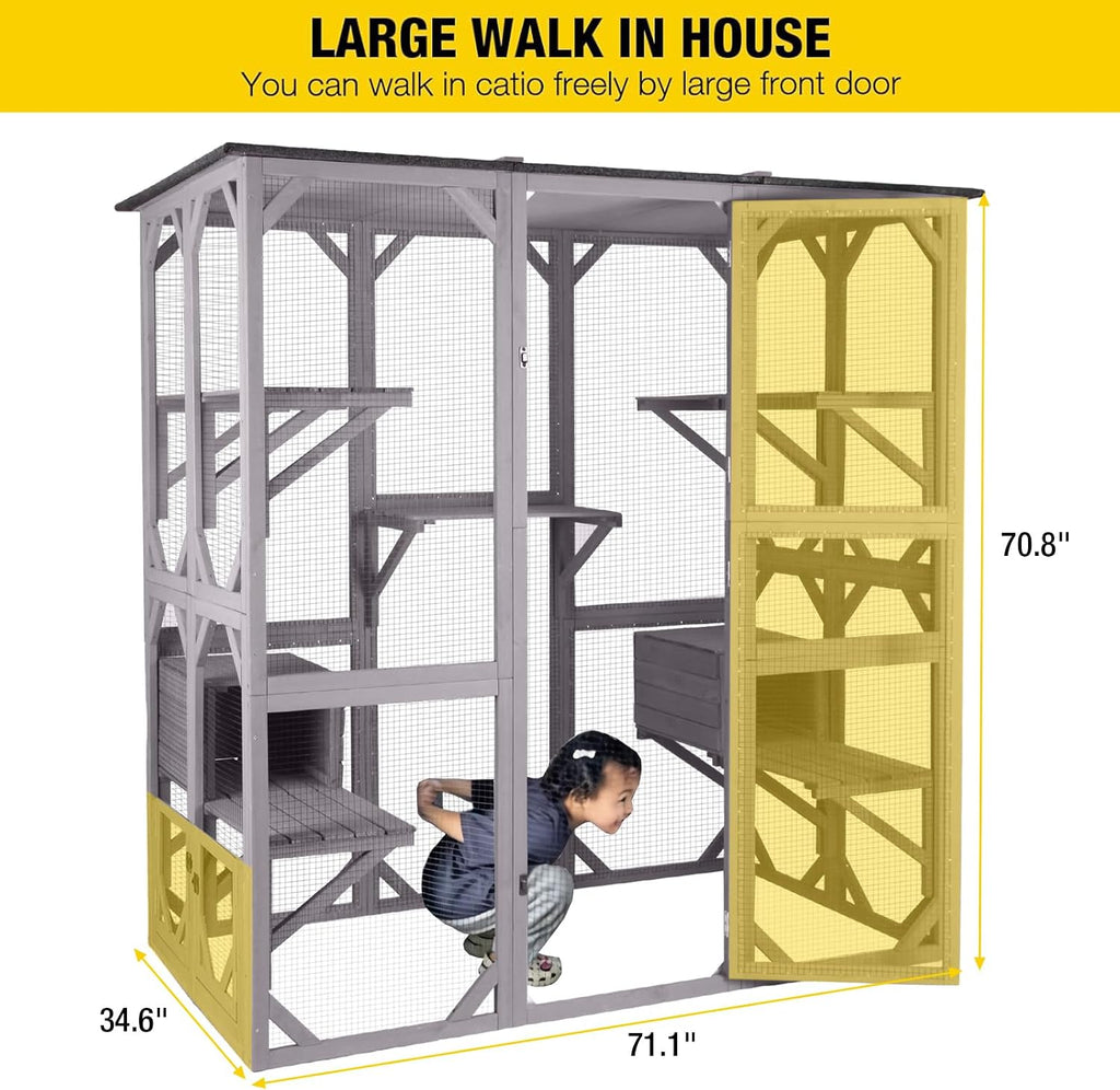 Cat House Window Outdoor Catio Cat Enclosures with 5 Platforms, 2 Resting Boxes Large Walk in Kitty House