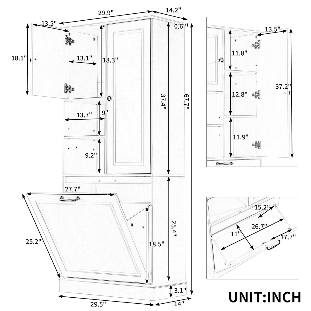 68" Tall Bathroom Storage Cabinet with Two Doors and Tilt-Out Laundry Hamper Display Organizer, Adjustable Shelf