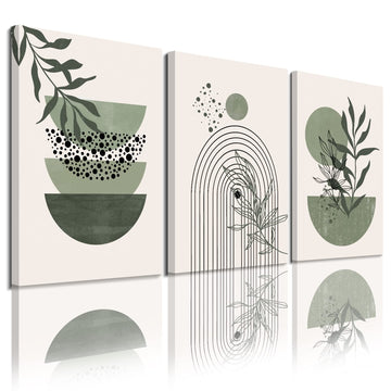 Sage Green Wall Posters & Prints, Green Boho Wall Art Set of 3, Minimalist Framed Wall Art Geometric Line Leaf Sun