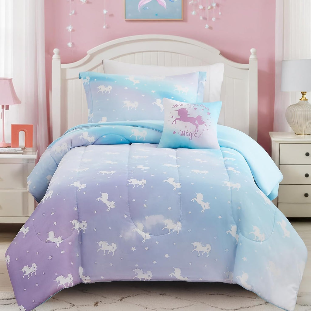 Twin Comforter Set for Girls-3 Pieces Unicorn Glow in the Dark Twin Bedding Sets for Kids,1 Comforter,1 Sham and 1