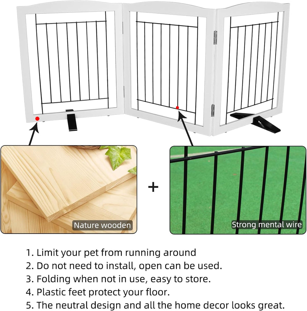 Freestanding Dog Fence Indoor, Foldable Dog Gate for Doorways, Stairs or Hallways, Sturdy Wood Extra Wide Pet Gate