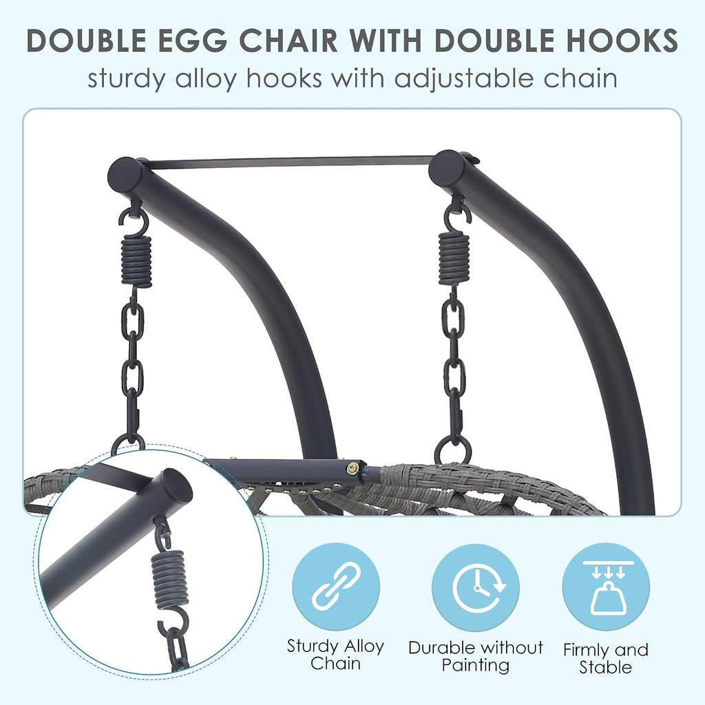 Double with Stand, Large Hand-Woven Wicker Rattan Hanging Egg Chair for 2 People, Porch Hammock Swing Loveseat with