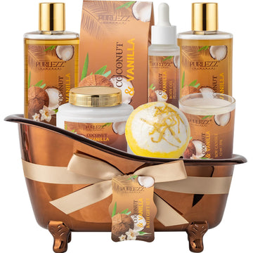 Spa Gift Basket for Women, Coconut & Vanilla Luxury Home Spa Kit, 8pcs Bath Gift Set, Birthday Gift for Women Unique